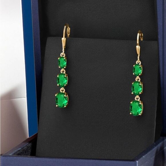 18K Yellow Gold with .50 Cttw 3 Stone Emerald Dangling Leverback Drop Earrings - Picture 4 of 5
